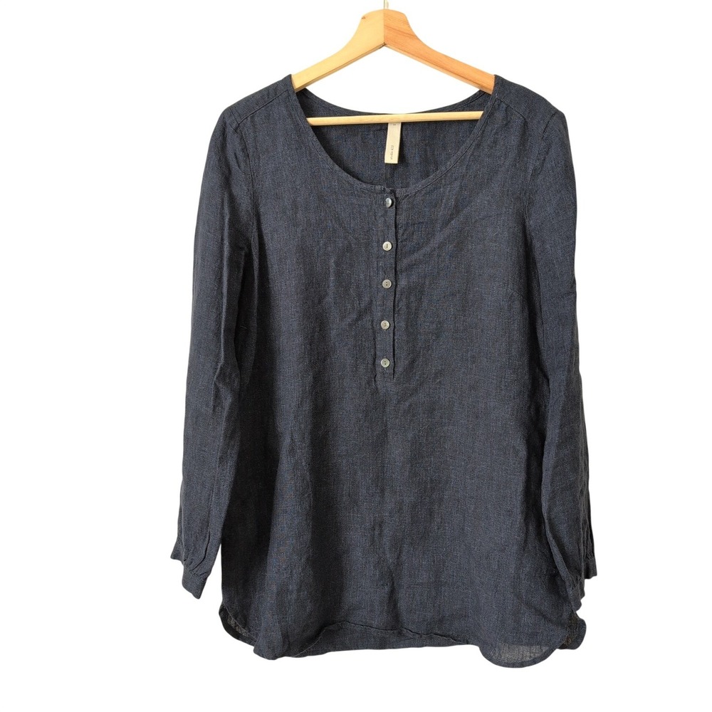 Studio 412 Linen Henley Tunic Shirt Womens Size Small‎ Blue Long Sleeve Natural